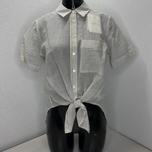 Theory Hekanina Striped Button-Up Shirt • Size P • Ivory/Navy Blue • Linen Blend - Picture 1 of 11